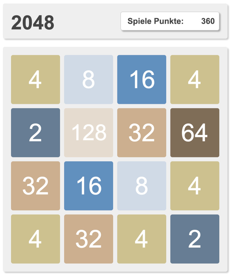 2048 Spiel mit dem höchsten Kachelwert 128