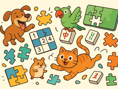 Lustige Illustration von Haustieren in verrückten Situationen mit Puzzle- und Rätselsymbolen