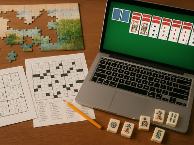 Nostalgische Szene mit klassischen Rätselspielen wie Puzzle, Sudoku und Mahjong