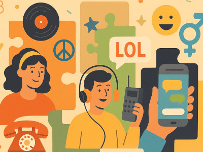 Illustration: Zeitreise der deutschen Sprache mit Puzzleteilen, Chatblasen, Sudoku- und Kreuzworträtsel-Elementen