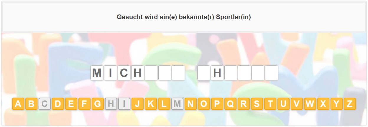 Galgenraten Rätsel mit der Fragestellung Gesucht wird ein(e) bekannte(r) Sportler(in)