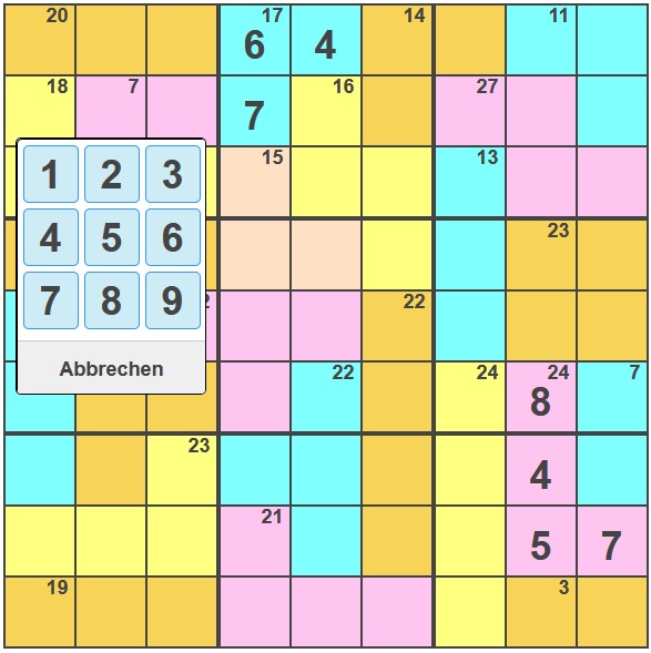 Killer Sudoku Rätsel mit 24 Summen Gruppen die zu lösen sind