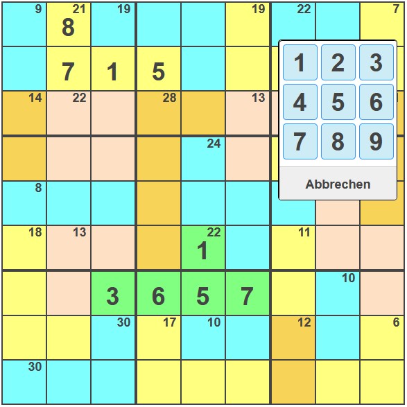 Killer Sudoku Rätsel mit 26 Summen Gruppen die zu lösen sind