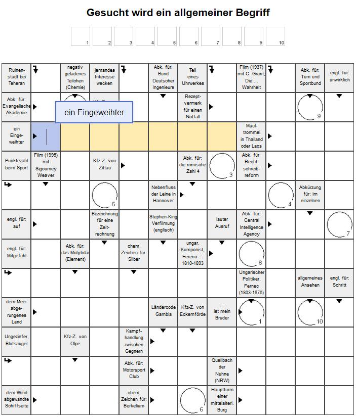 Kreuzworträtsel - Gesucht wird ein allgemeiner Begriff mit 10 Buchstaben