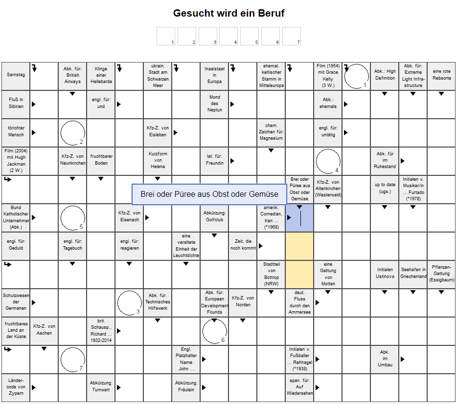 Kreuzworträtsel - Gesucht wird ein Beruf mit 7 Buchstaben