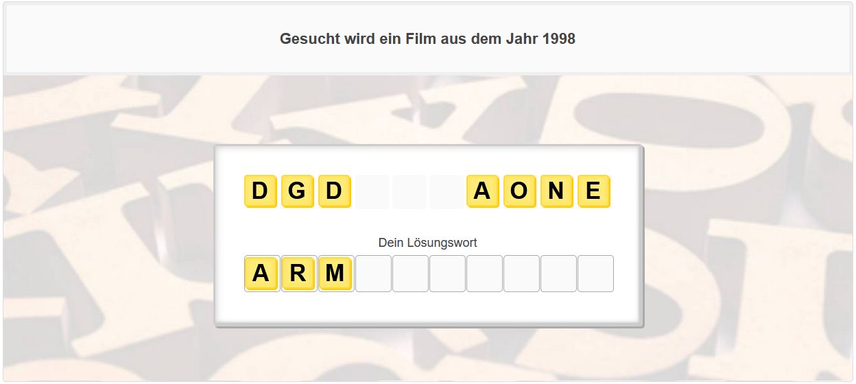 Schüttel Wörter Rätsel mit dem Hinweis Gesucht wird ein Film aus dem Jahr 1998