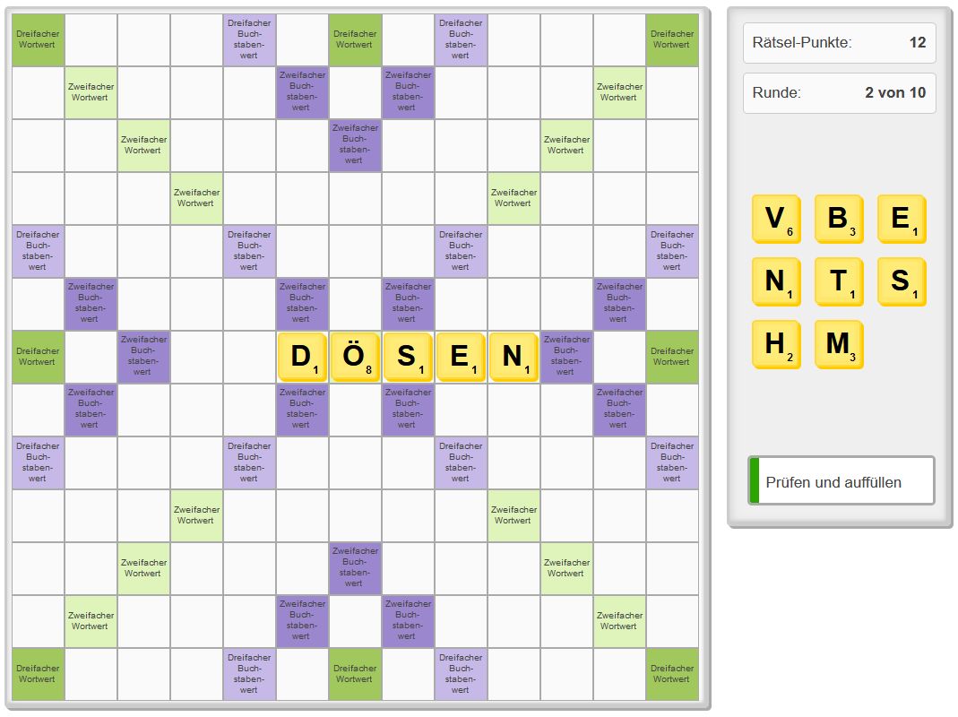 Wörter Puzzle Rätsel mit den ersten Buchstaben kann das Wort DÖSENgelegt werden