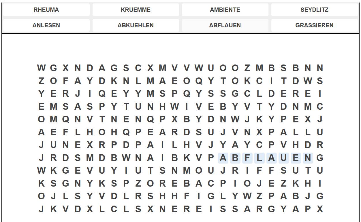 Wörter Puzzle Suchen mit dem Suchbegriff ABFLAUEN