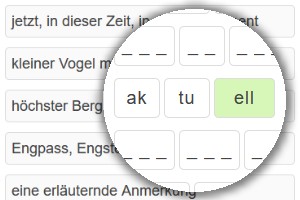 Beim Silbenrätsel sind alle gesuchten Antworten in ihre Silben zerlegt und munter durcheinander gewürfelt. Kennst Du eine Antwort, schiebe die passenden Silben an die richtige Stelle. Alle anderen Antworten findest Du durch probieren und kombinieren mit den verbleibenden Silben heraus. Aber Achtung: Jeder Fehlversuch kostet Dich einen Gewinnpunkt.